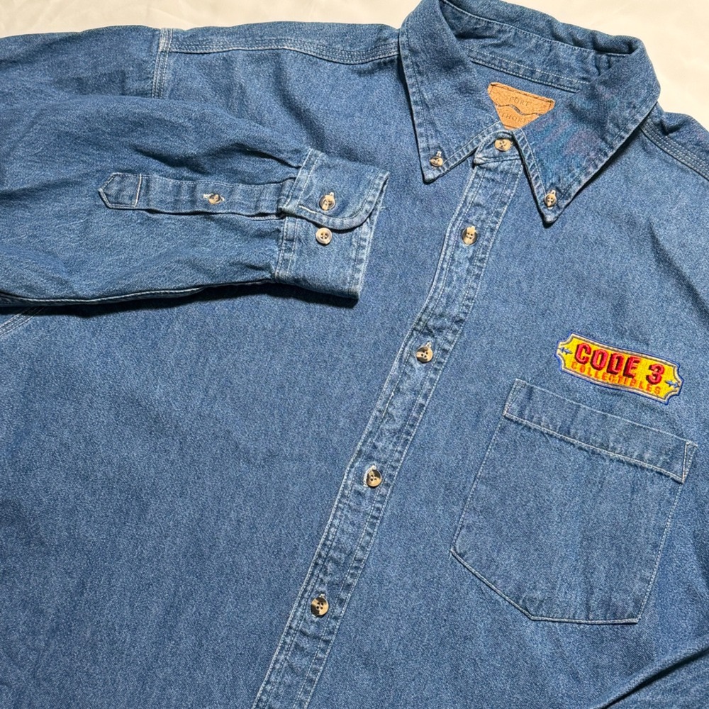 Port Authority Mens Denim Shirt Blue Code 3 Collectibles Fire Truck Graphic L